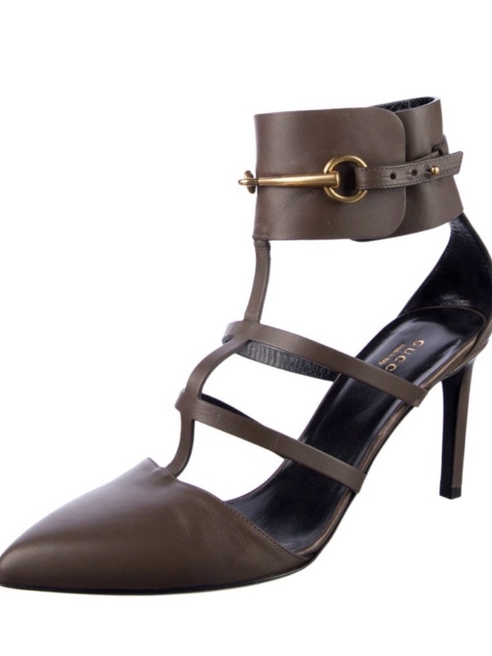 Women’s Gucci Strappy Pointed Toe Heels in Taupe with Gold Accent - Picture 6 of 6